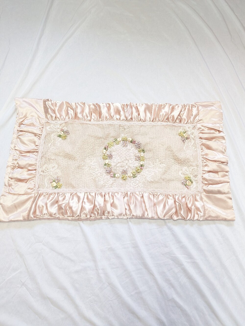 JCPenney Shabby Floral Cottagecore Flower Lace Peach Satin King Pillow Sham